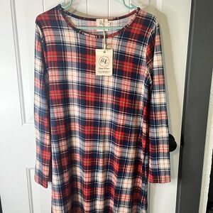 Plaid Long Sleeve Dress - Red, Blue, and White